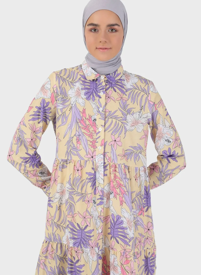 Benin by modanisa Floral Print Button Detail Dress