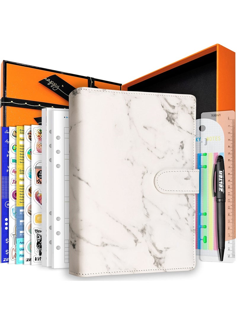 Zelten PU Leather Personal Notebook Planner with 67 Pages Loose-Leaf Papers 6 Holes Ring Binder Pen Holder Magnetic Buckle  (White Marble) - Image 1