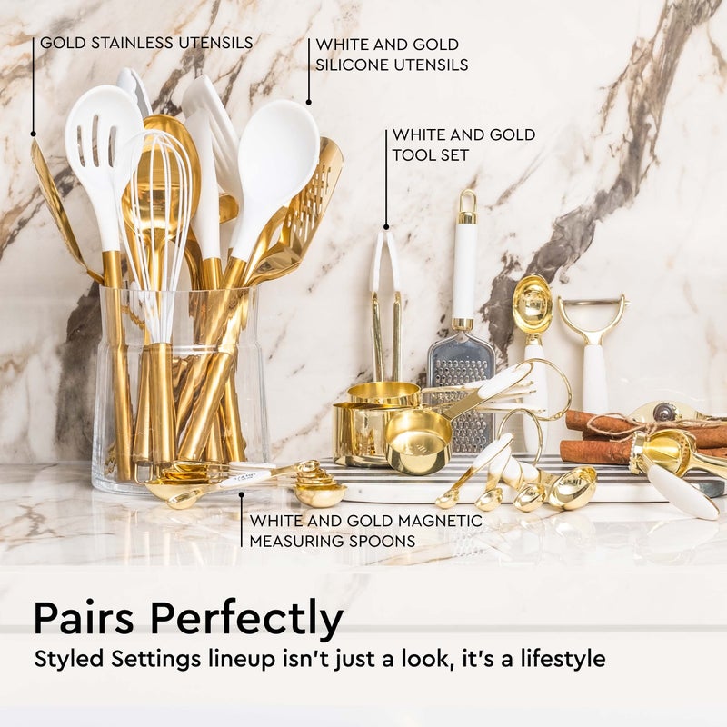 styled settings White & Gold Measuring Cups and Spoons Set - 8PC Stackable Stainless Steel Measuring Set - Stylish White and Gold Kitchen Accessories for Precise Baking & Cooking, Ideal Gift for Bakers & Home Chefs - Image 5