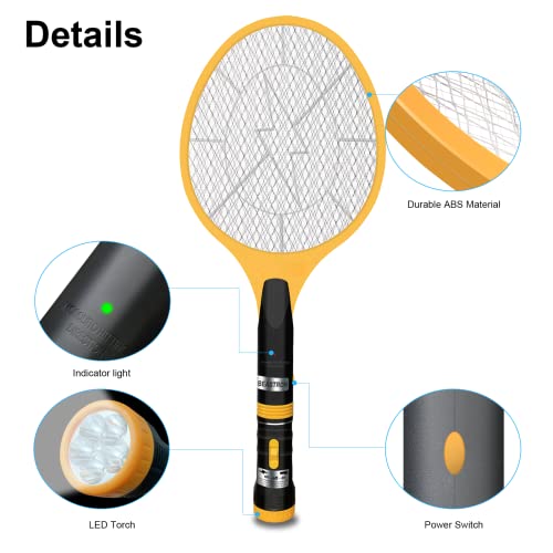 Beastron Bug Zapper Electric Fly 3000V USB Rechargeable, Mosquito Racquet Killer Racket with LED Light & 2 Layer Mesh (Large Size), yellow - Image 4
