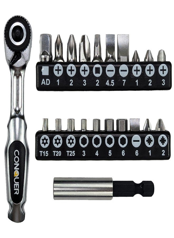 CONQUER 22pc 1/4 Ultra Low Profile Mini Ratchet Close Quarter Mini Screwdriver Set with High Torque - Right Angle EDC Tool with 72-Tooth Gear head and Spin Disk for Tight Spaces - Image 1