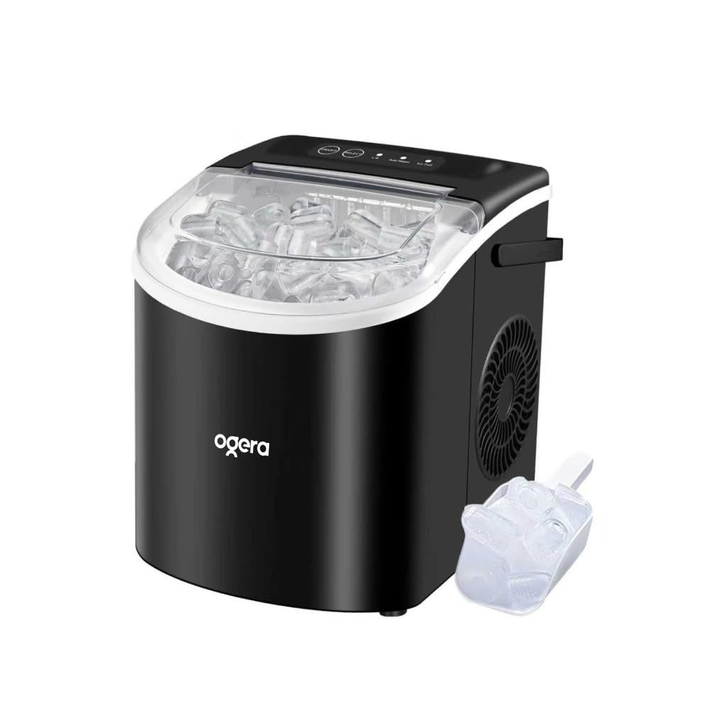 Portable Countertop Ice Maker, 12KG Ice Production, 6 Minute Fast Ice Making, Plastic Body with Transparent Lid, Black, Model OG141IM