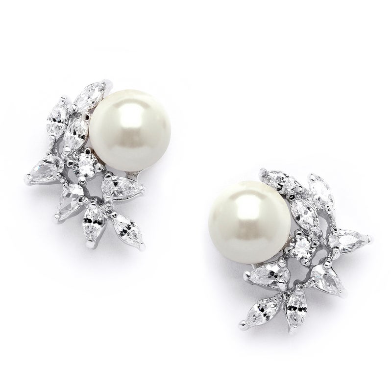 Mariell Silver Mariell Pearl and Marquise Cut CZ Crystal Wedding Earrings for Brides, Bridesmaids & Mother of the Bride - Image 1