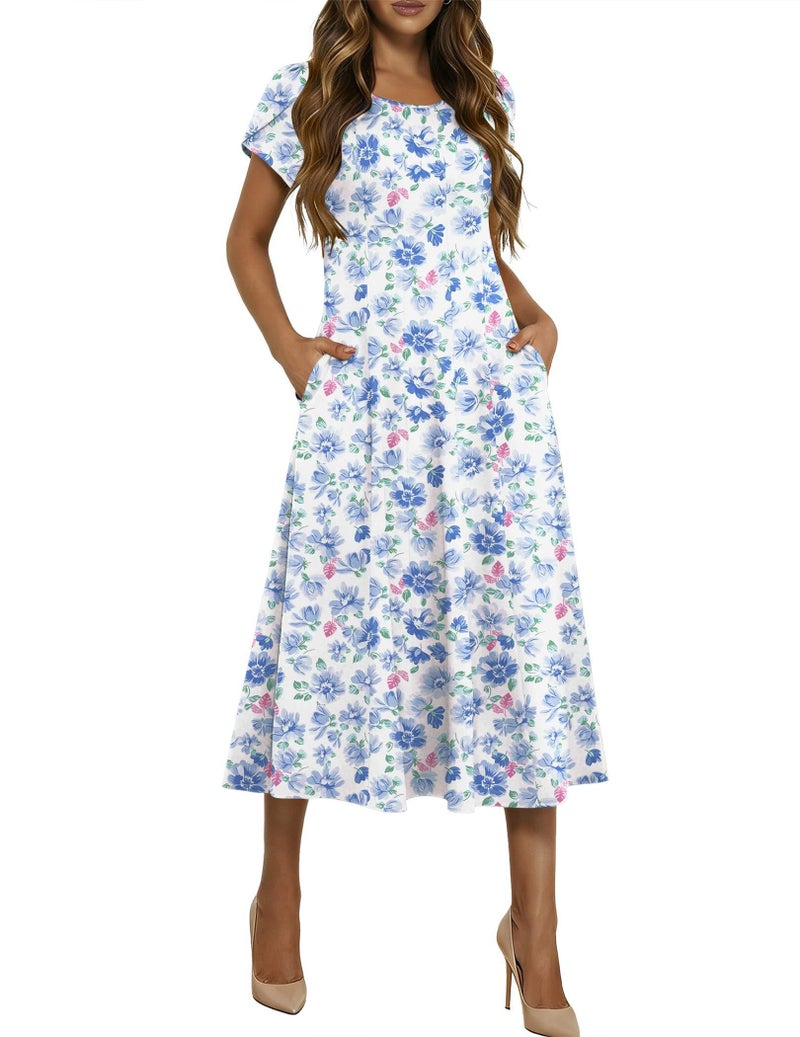 HOTOUCH Cotton Midi Dress for Women Short Sleeve Dresses 2026 Floral Dress Flowy Summer Dresses Tropical Sundress, Blue Floral 02,S - Image 1