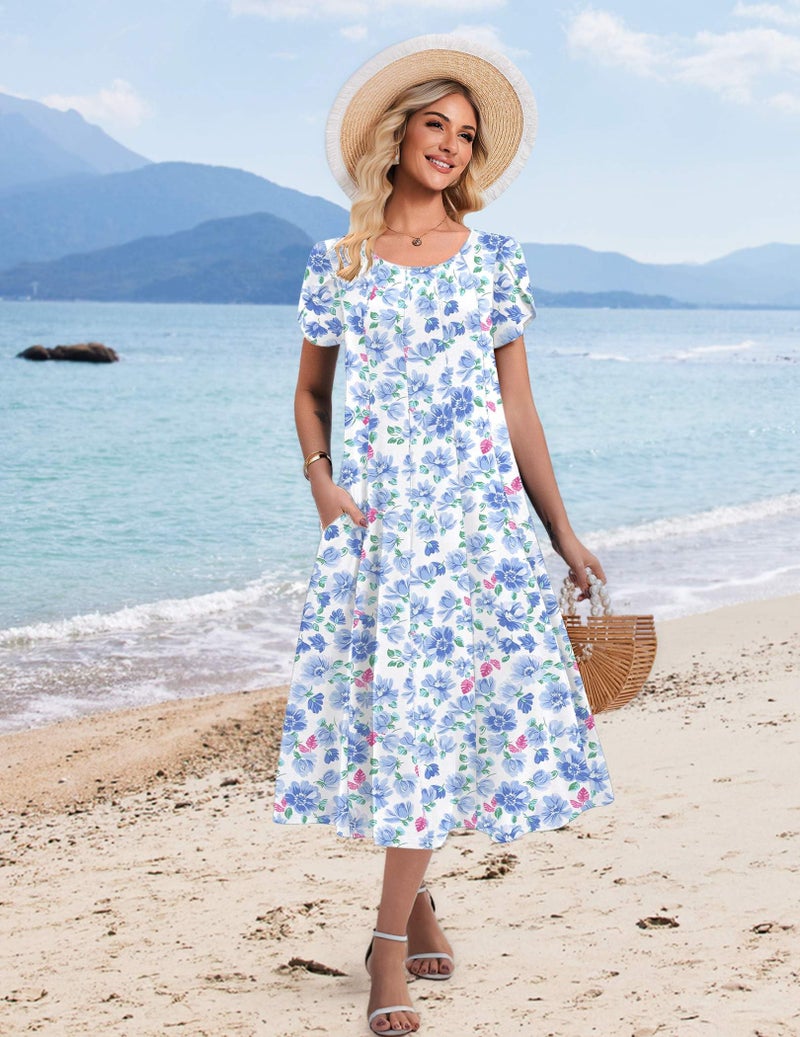 HOTOUCH Cotton Midi Dress for Women Short Sleeve Dresses 2026 Floral Dress Flowy Summer Dresses Tropical Sundress, Blue Floral 02,S - Image 4