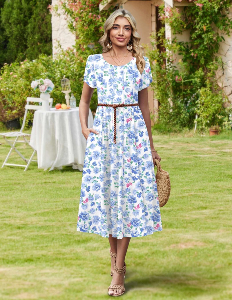HOTOUCH Cotton Midi Dress for Women Short Sleeve Dresses 2026 Floral Dress Flowy Summer Dresses Tropical Sundress, Blue Floral 02,S - Image 5