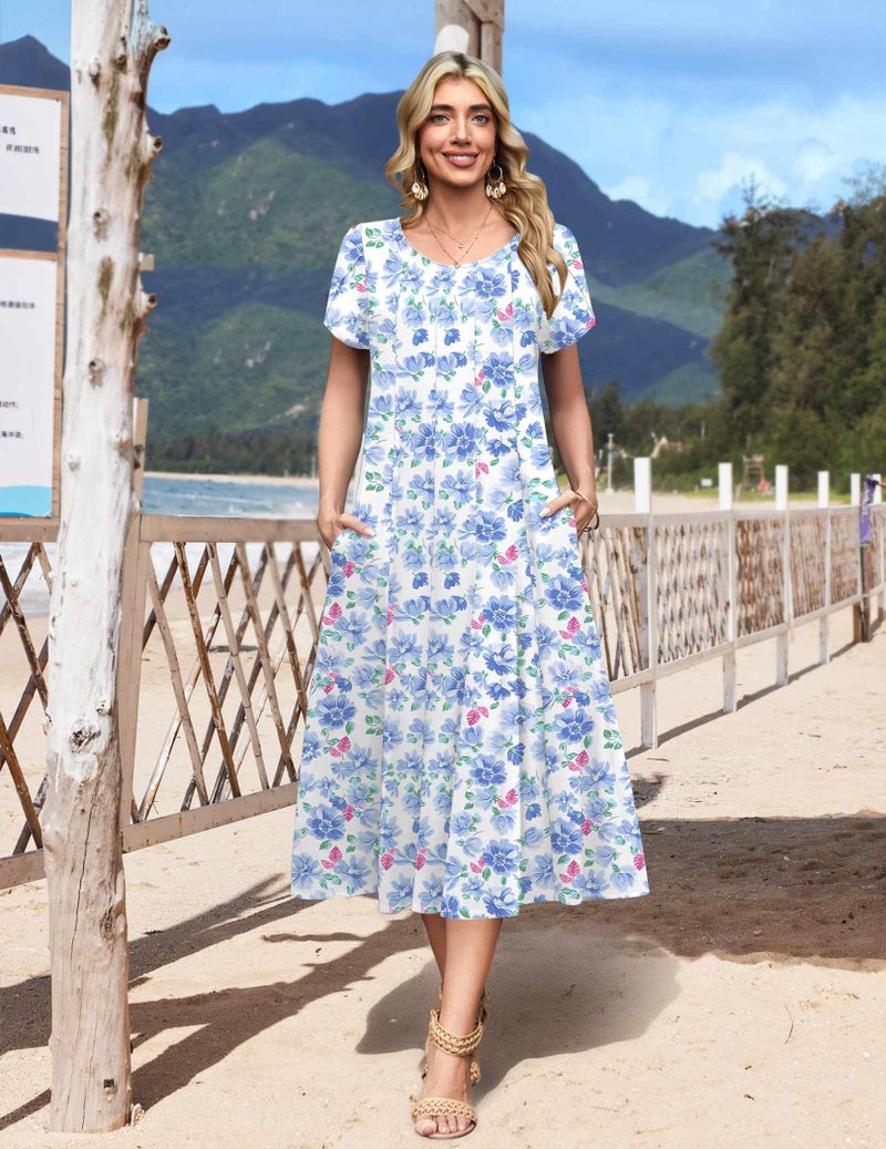 HOTOUCH Cotton Midi Dress for Women Short Sleeve Dresses 2026 Floral Dress Flowy Summer Dresses Tropical Sundress, Blue Floral 02,S - Image 3