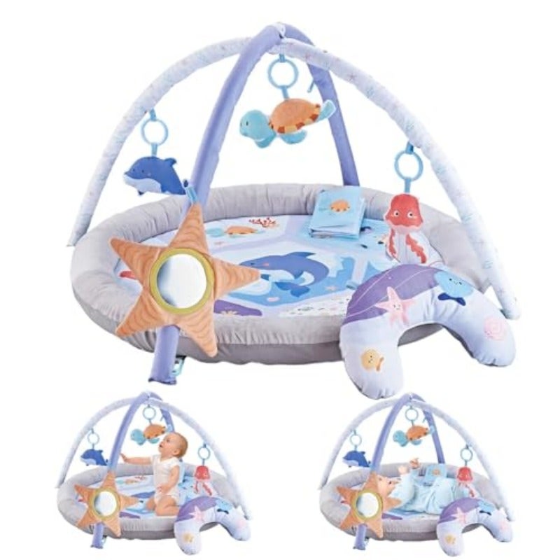 BOOM Baby Activity Gym Play Mat Extra Large 88cm 35 Round Foldable Ocean Theme 6 Detachable Sea Creature Toys 51cm (20) High Arch Soft Washable Tummy Time Mat for Newborns 0-18 Months - Image 1