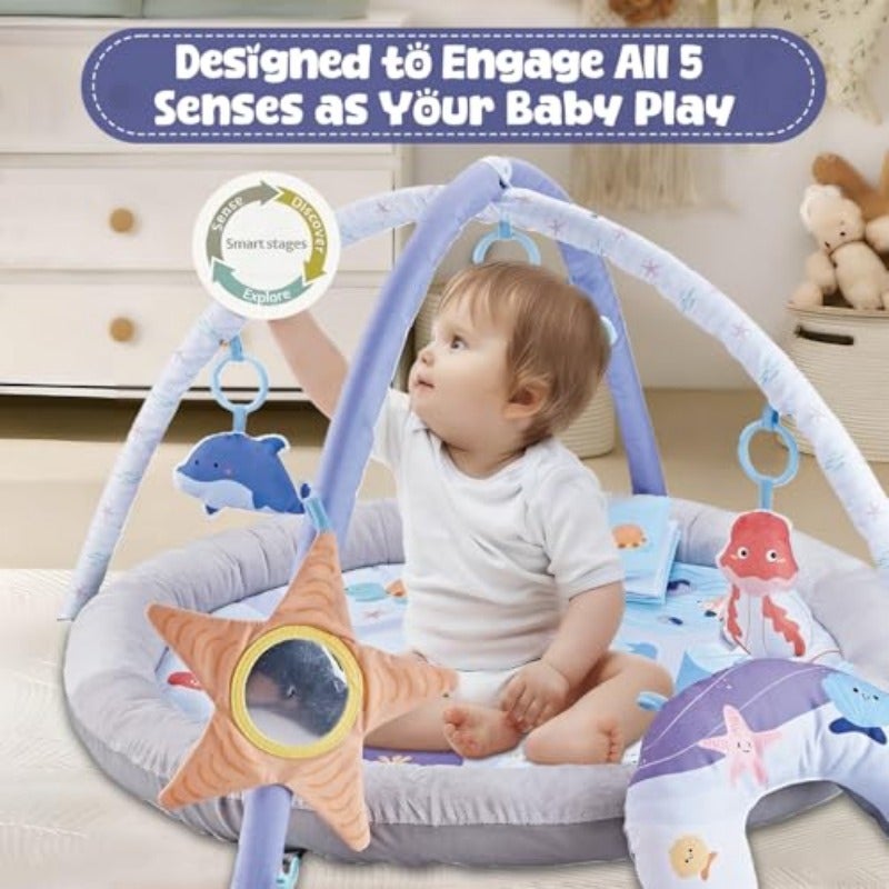 BOOM Baby Activity Gym Play Mat Extra Large 88cm 35 Round Foldable Ocean Theme 6 Detachable Sea Creature Toys 51cm (20) High Arch Soft Washable Tummy Time Mat for Newborns 0-18 Months - Image 2