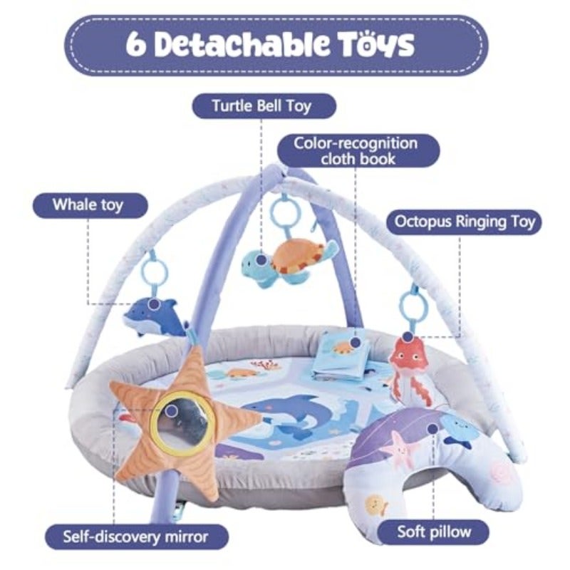 BOOM Baby Activity Gym Play Mat Extra Large 88cm 35 Round Foldable Ocean Theme 6 Detachable Sea Creature Toys 51cm (20) High Arch Soft Washable Tummy Time Mat for Newborns 0-18 Months - Image 3