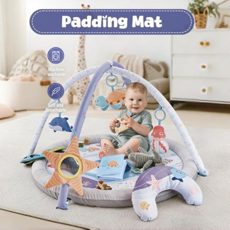 BOOM Baby Activity Gym Play Mat Extra Large 88cm 35 Round Foldable Ocean Theme 6 Detachable Sea Creature Toys 51cm (20) High Arch Soft Washable Tummy Time Mat for Newborns 0-18 Months - Image 4