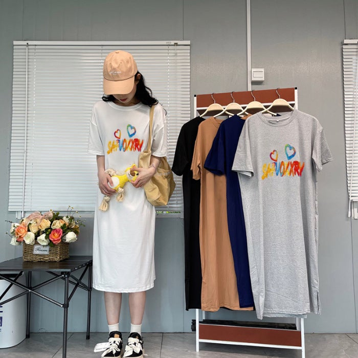 Letter Printing Loose Slim-fit Simple Dress Womens Summer Large Size Chubby Girls New Casual Over-the-knee T-shirt Long Dress Black - Image 3