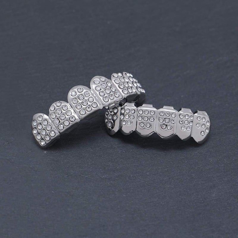 LuReen Silver 6 Teeth Grillz Hip Hop Joker Diamond Top & Bottom Teeth Caps Grillz Set for Teeth Rapper Costume Cosplay - Image 2