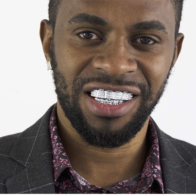 LuReen Silver 6 Teeth Grillz Hip Hop Joker Diamond Top & Bottom Teeth Caps Grillz Set for Teeth Rapper Costume Cosplay - Image 3