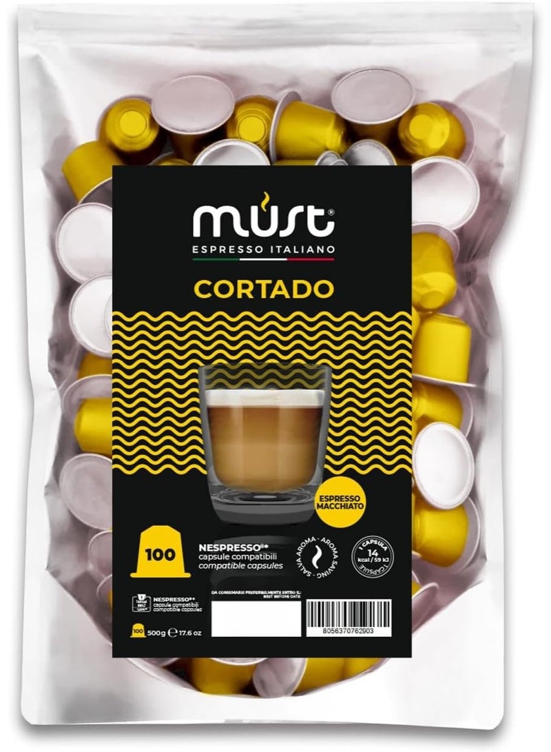 MUST 100 Cortado Coffee Capsules, Nespresso Compatible Pods, Smooth Espresso Macchiato Flavor, Balanced & Creamy Taste, Italian Roasted Coffee, For Home & Office Use