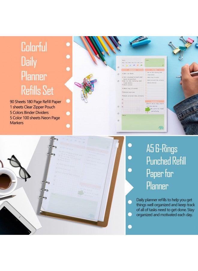Rancco A5 Planner Inserts Daily Planner Refills, 90 Pages Colorful 6-Ring Loose-leaf Binder Planner Inserts w/Divider, PVC Pouch, Ruler, Index Tab for Journal, Filofax, Double-sided, Undated,8.3x5.6" - Image 2