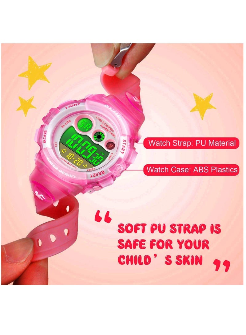 Excefore Kids Digital Sport Watch for Boys Girls, Kid Waterproof Electronic Multi Function Casual Outdoor Watches, 7 Colorful LED Luminous Alarm Stopwatch Wristwatch, Pink - Image 3