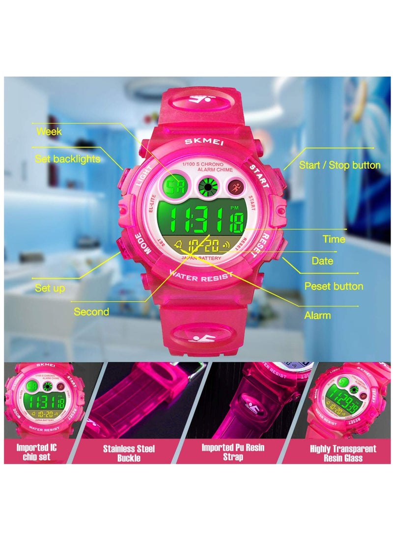 Excefore Kids Digital Sport Watch for Boys Girls, Kid Waterproof Electronic Multi Function Casual Outdoor Watches, 7 Colorful LED Luminous Alarm Stopwatch Wristwatch, Pink - Image 2