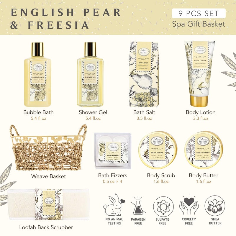 ArioseMonde Bath & Shower Spa Gift Basket Set, with English Pear & Freesia Fragrance Bath Gift Basket for Women & Men Includes Body Lotion, Shower Gel, Bath Salts, Bubble Bath, Body Scrub and More, 9 Pcs - Image 2