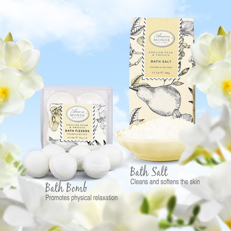 ArioseMonde Bath & Shower Spa Gift Basket Set, with English Pear & Freesia Fragrance Bath Gift Basket for Women & Men Includes Body Lotion, Shower Gel, Bath Salts, Bubble Bath, Body Scrub and More, 9 Pcs - Image 5