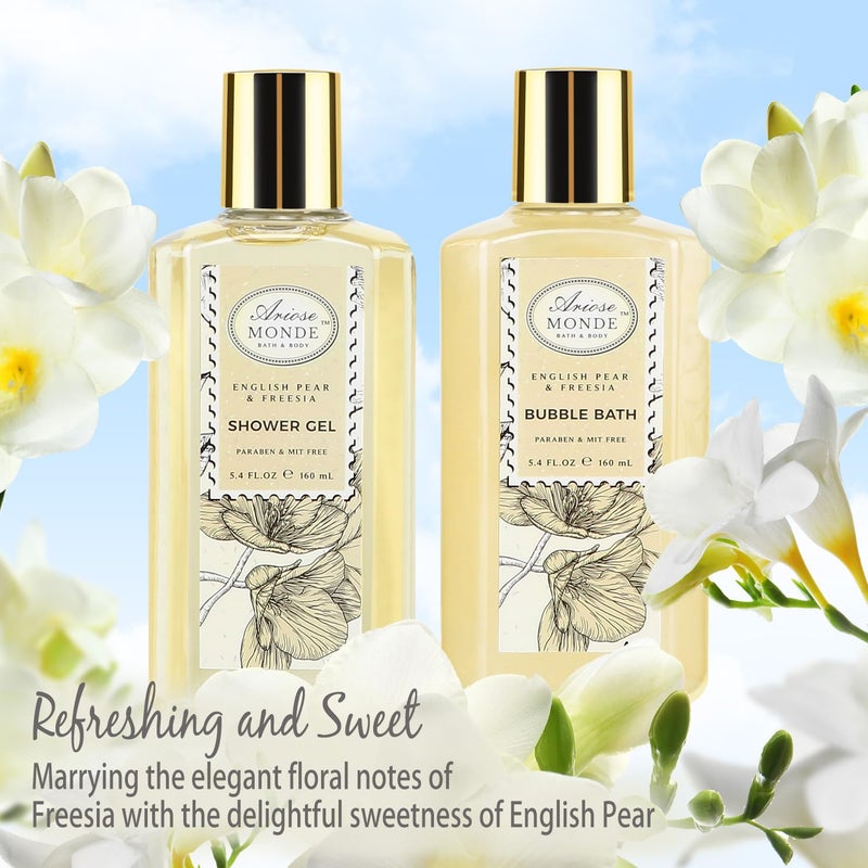 ArioseMonde Bath & Shower Spa Gift Basket Set, with English Pear & Freesia Fragrance Bath Gift Basket for Women & Men Includes Body Lotion, Shower Gel, Bath Salts, Bubble Bath, Body Scrub and More, 9 Pcs - Image 3