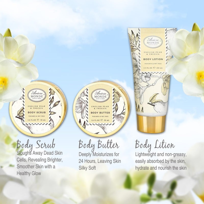 ArioseMonde Bath & Shower Spa Gift Basket Set, with English Pear & Freesia Fragrance Bath Gift Basket for Women & Men Includes Body Lotion, Shower Gel, Bath Salts, Bubble Bath, Body Scrub and More, 9 Pcs - Image 4