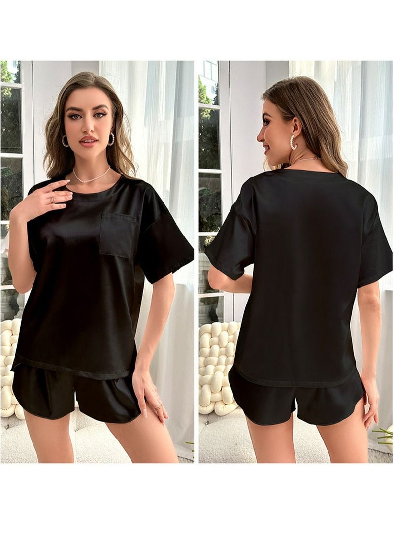 Loquat - Women's Loose Casual 2-Piece Set Nightgown Sleepwear Short Sleeve Tops And Shorts Soft Loungewear Pajamas  Suit Black - Image 1