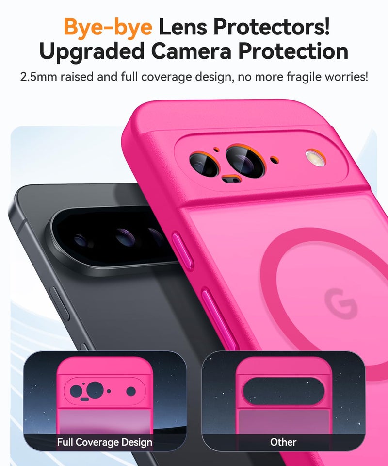 CANSHN Magnetic for Google Pixel 9 Case(6.3 Inch), Upgraded [Full Camera Protection] [Compatible with Magsafe] [Translucent Matte] Shockproof Protective Phone Cover, Hot Pink - Image 3