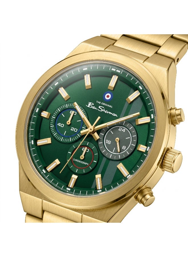 Ben Sherman Canterbury Green Dial Gold Stainless Steel Bracelet Chronograph Watch for Men, 44mm - Image 2