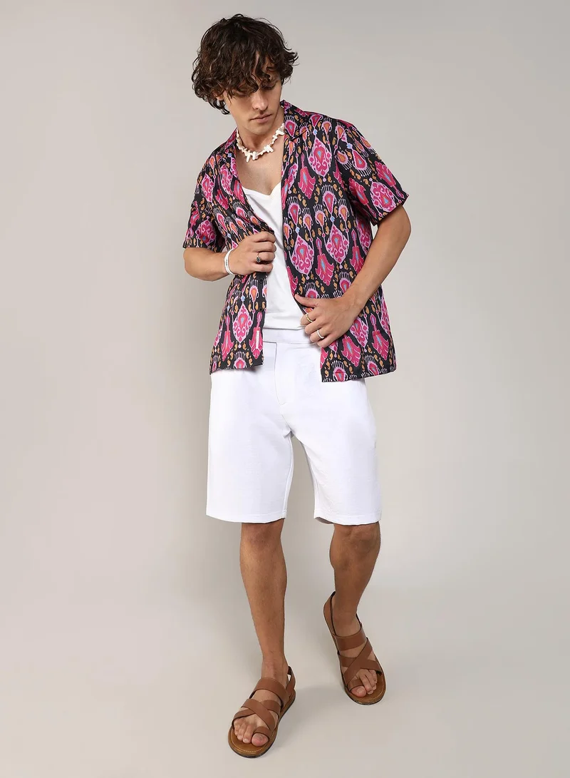Campus Sutra Men's Midnight Black & Light Pink Ethnic Shirt