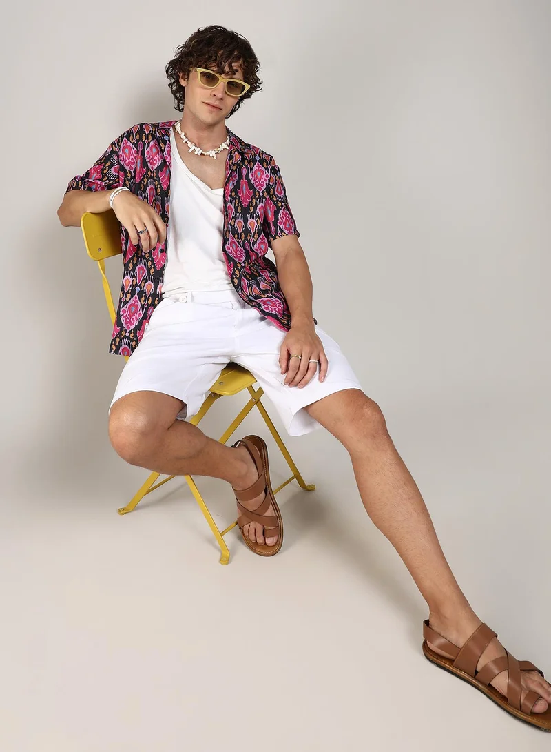Campus Sutra Men's Midnight Black & Light Pink Ethnic Shirt