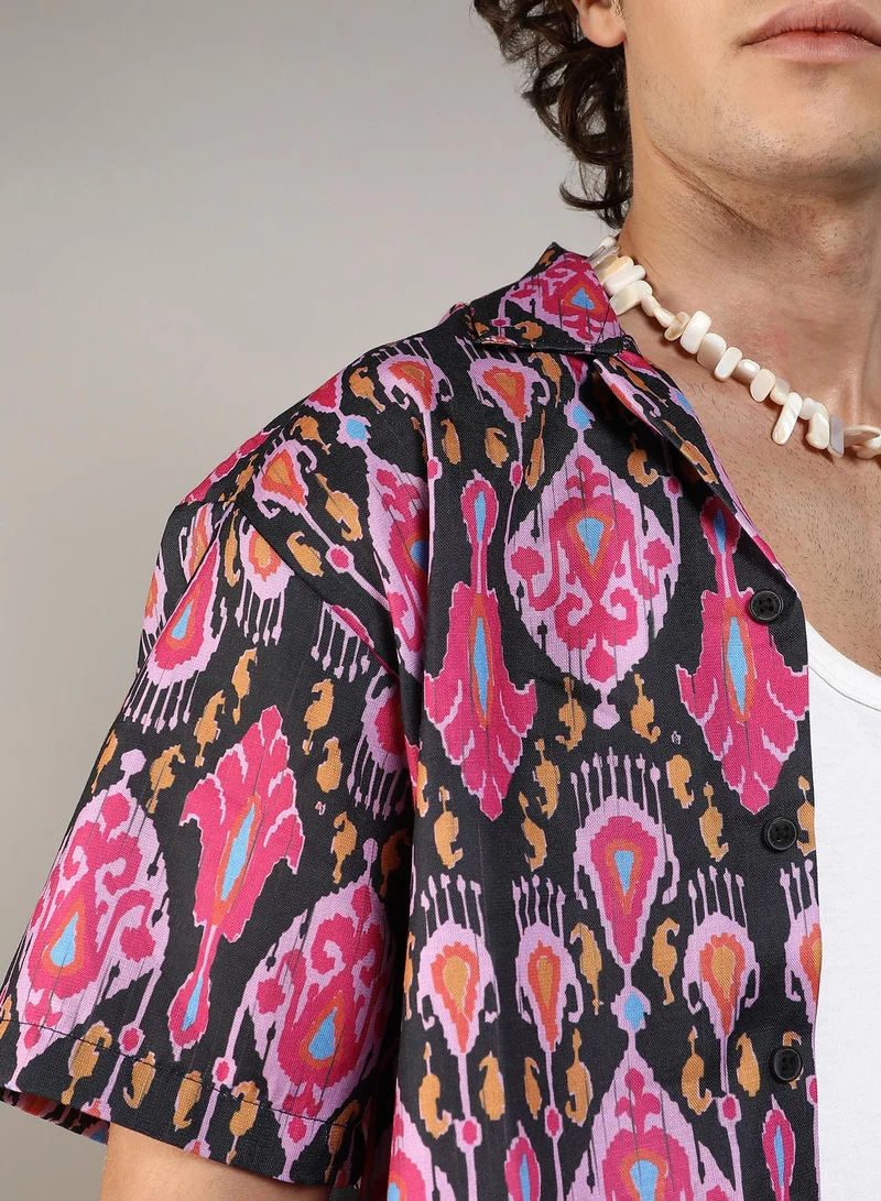 Campus Sutra Men's Midnight Black & Light Pink Ethnic Shirt