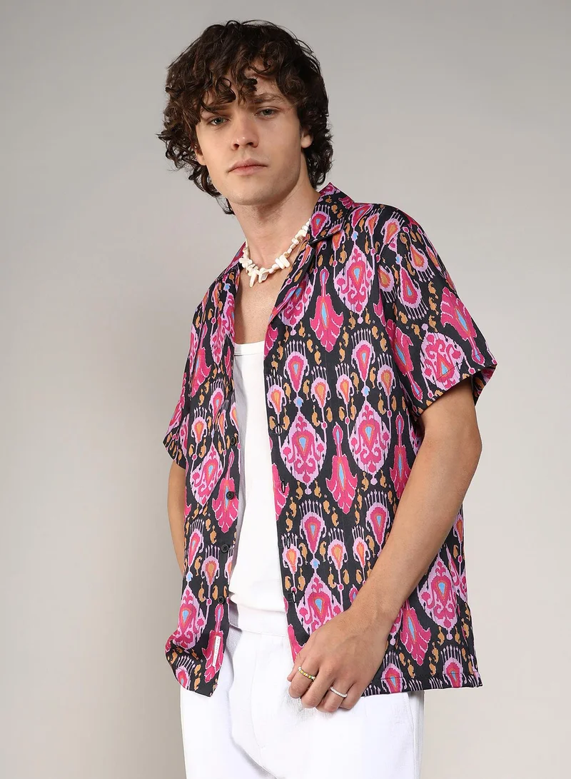 Campus Sutra Men's Midnight Black & Light Pink Ethnic Shirt