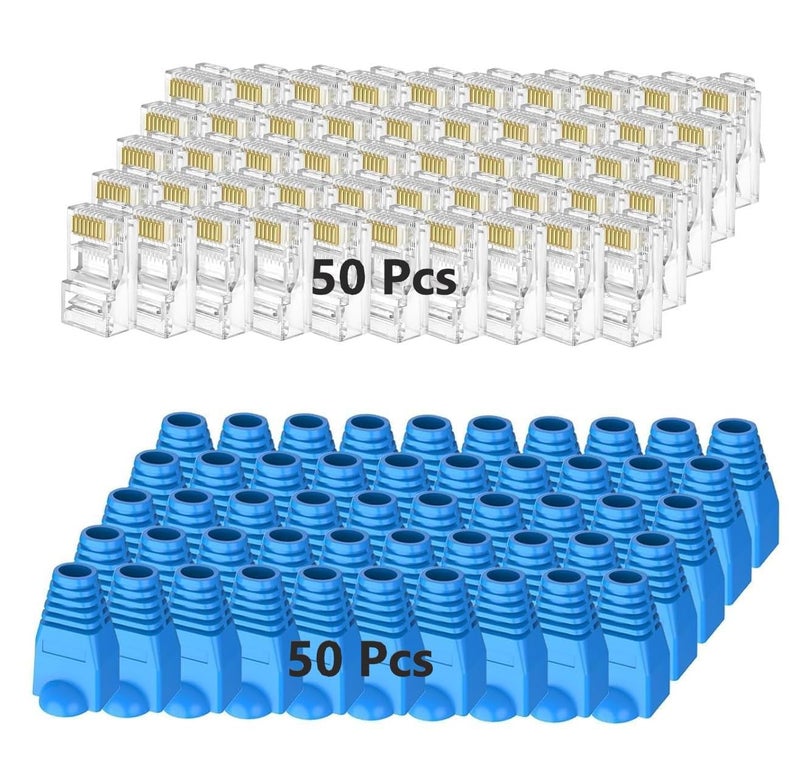 Inditrust موصلات RJ45 Cat6 تمرير، عبوة 50 مع أغطية تخفيف الضغط، لكابلات الإيثرنت، شفاف - Image 1