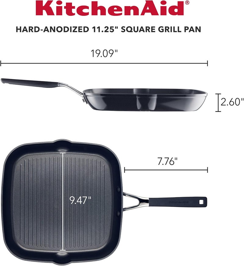 KitchenAid 84808 مقلاة شواء مربعة غير لاصقة مصنوعة من الألمنيوم المؤكسد الصلب مع فتحات صب، 11.25 بوصة - أسود أونيكس - Image 2