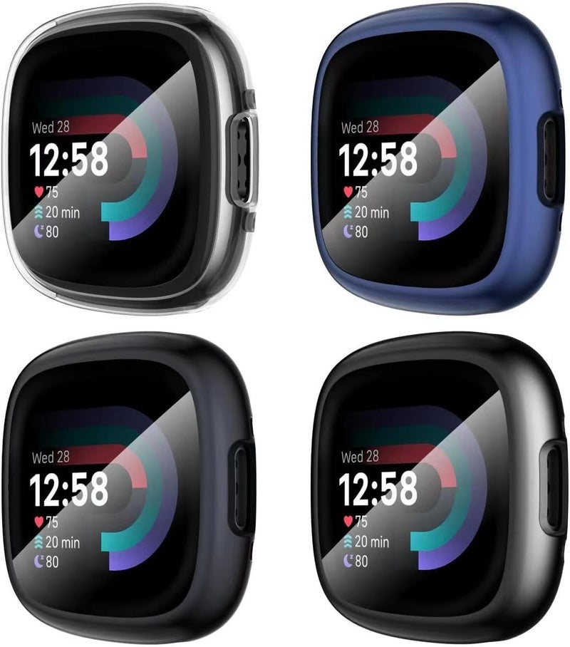 سومان Suoman [4-Pack] for Fitbit Sense 2 /Versa 4 Screen Protector Case, Full Around Electroplate Soft TPU Bumper Around Protective Case Cover for Fitbit Sense 2/Versa 4 Smartwatch(Black+Black+Black+Black) - Image 1
