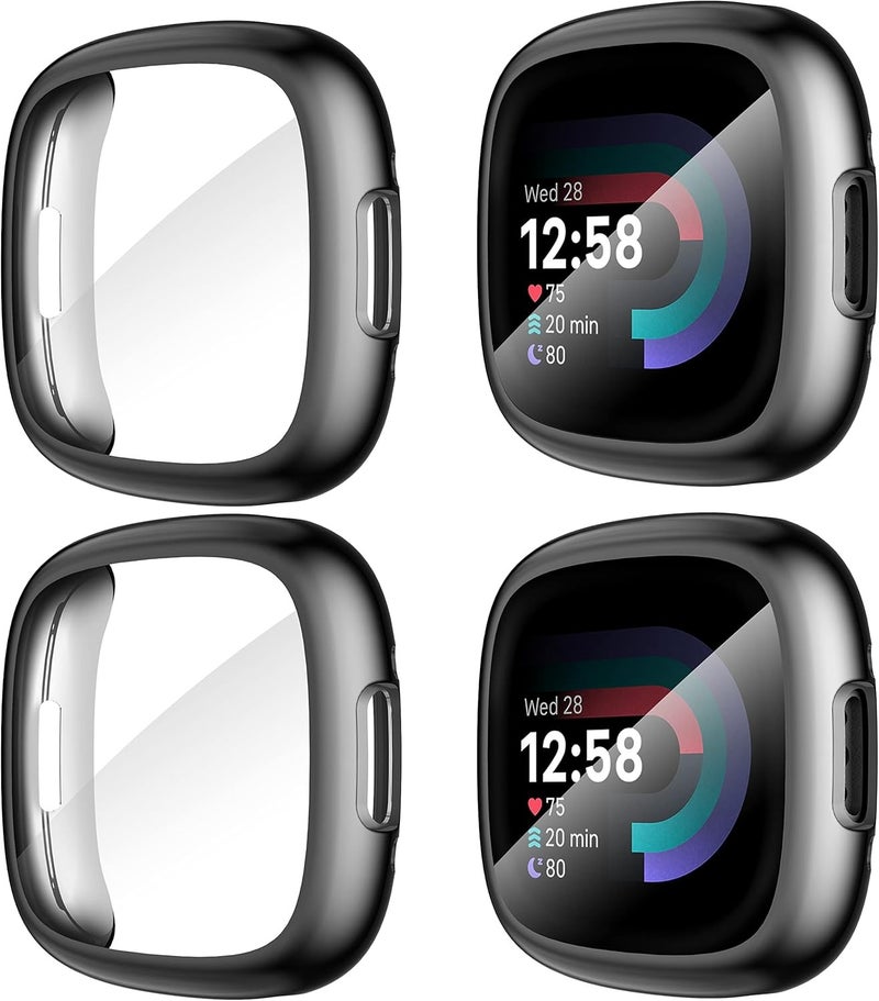 سومان Suoman [4-Pack] for Fitbit Sense 2 /Versa 4 Screen Protector Case, Full Around Electroplate Soft TPU Bumper Around Protective Case Cover for Fitbit Sense 2/Versa 4 Smartwatch(Black+Black+Black+Black) - Image 2