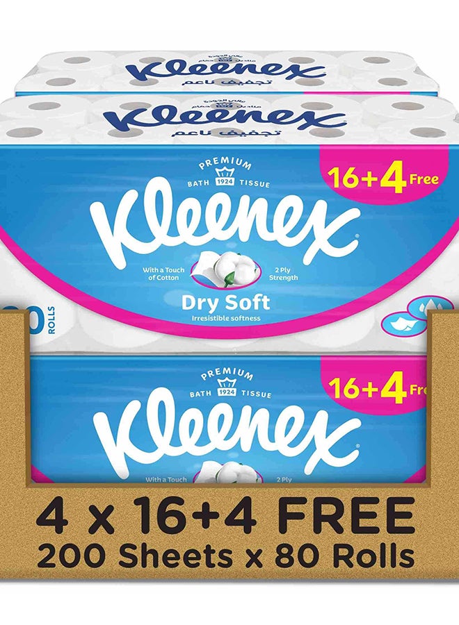 Kleenex ورق تواليت كلينكس جاف ناعم، 2 طبقة، 80 لفة × 200 ورقة، ورق حمام مزخرف بلمسة من القطن - Image 1