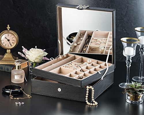 Glenor Co 28 Section Jewelry Box - 2 Layer - Buckle Snap & Magnet Closure - Large Mirror - Pu Leather - Black - Jewelry Organizer for Women & Girls - Holder for Earring Ring Necklace & Bracelet - Image 2