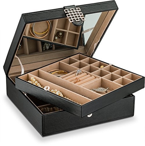 Glenor Co 28 Section Jewelry Box - 2 Layer - Buckle Snap & Magnet Closure - Large Mirror - Pu Leather - Black - Jewelry Organizer for Women & Girls - Holder for Earring Ring Necklace & Bracelet - Image 1