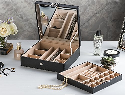 Glenor Co 28 Section Jewelry Box - 2 Layer - Buckle Snap & Magnet Closure - Large Mirror - Pu Leather - Black - Jewelry Organizer for Women & Girls - Holder for Earring Ring Necklace & Bracelet - Image 4