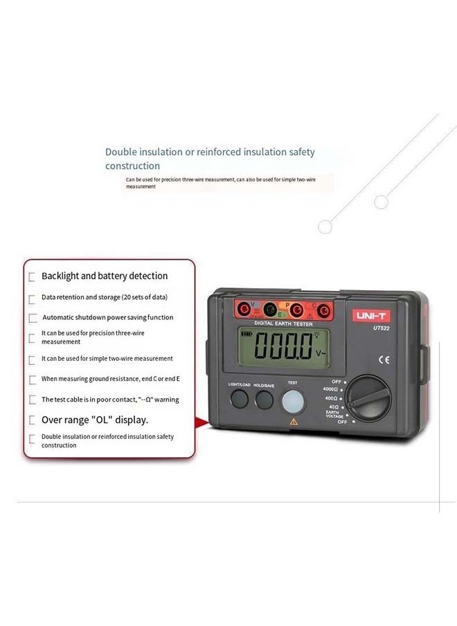 يوني تي UNI-T UT522 اختبار مقاومة الأرض قياس مقاومة الأرض 0 ~ 4000Ω 0 ~ 400 فولت 50 هرتز/60 هرتز عدد 4000  - Image 5
