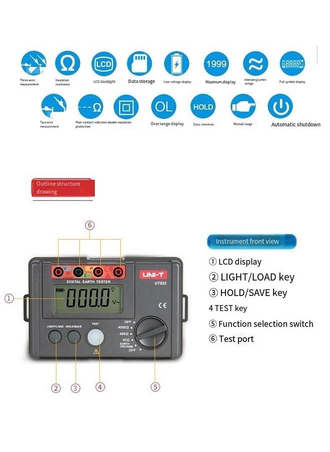 يوني تي UNI-T UT522 اختبار مقاومة الأرض قياس مقاومة الأرض 0 ~ 4000Ω 0 ~ 400 فولت 50 هرتز/60 هرتز عدد 4000  - Image 4