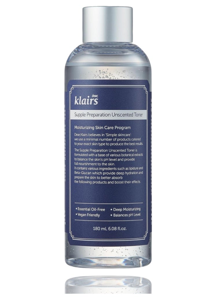 Klairs Dehydrated & Sensitive Skin Relief – Klairs Supple Preparation Unscented Toner 180ml | Hydrating, Barrier-Boosting, Fragrance-Free - Image 1