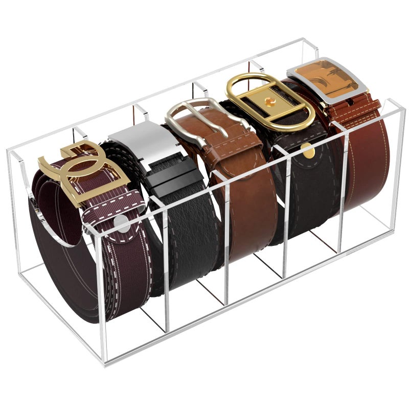 NIUBEE Belt Organizer Acrylic Belt Storage Holder for The Closet 5 Compartments Display Case for Tie and Bow Tie
