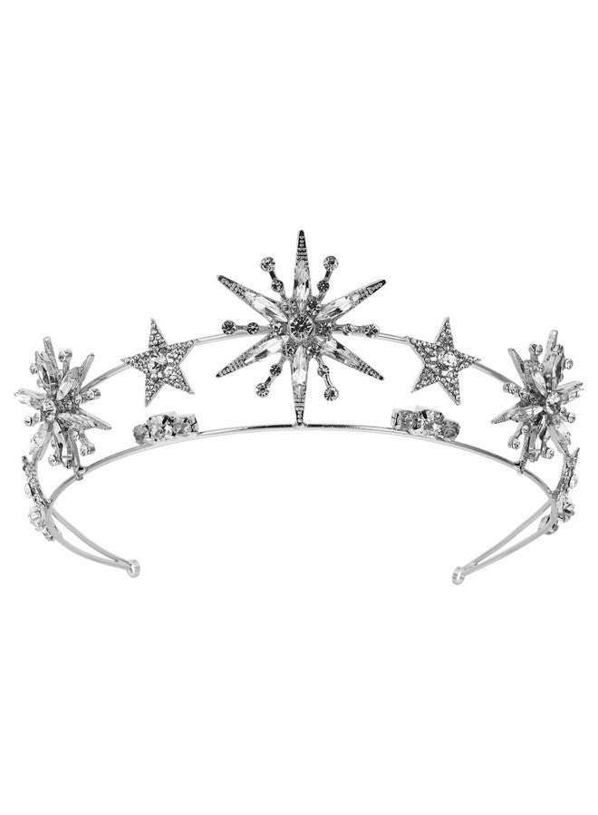 مينكيسي تاج زفاف من Minkissy مرصع بأحجار الراين على شكل نجمة، تاج زفاف من أحجار الراين على شكل نجمة، عصابة رأس زفاف من الكريستال باللون الفضي - Image 1