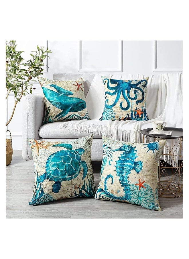 4Pcs Blue Marine Life Pattern Waterproof Cushion Covers for Outdoor Patio Garden Living Room Sofa Farmhouse Decor 18x18in - Image 4