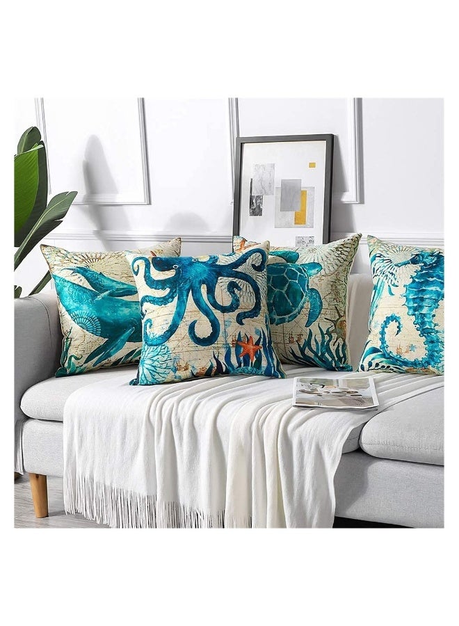 4Pcs Blue Marine Life Pattern Waterproof Cushion Covers for Outdoor Patio Garden Living Room Sofa Farmhouse Decor 18x18in - Image 3