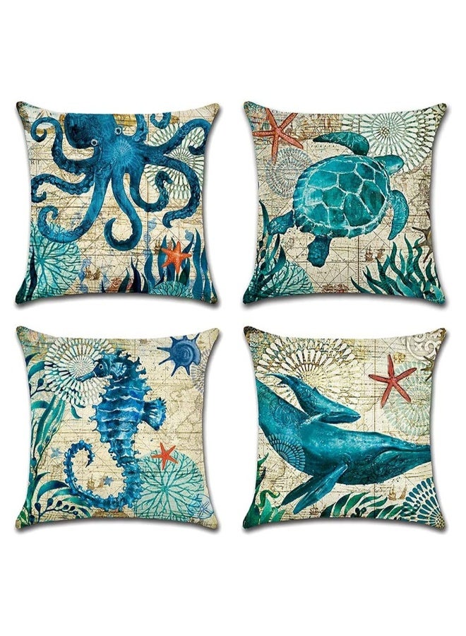 4Pcs Blue Marine Life Pattern Waterproof Cushion Covers for Outdoor Patio Garden Living Room Sofa Farmhouse Decor 18x18in - Image 1