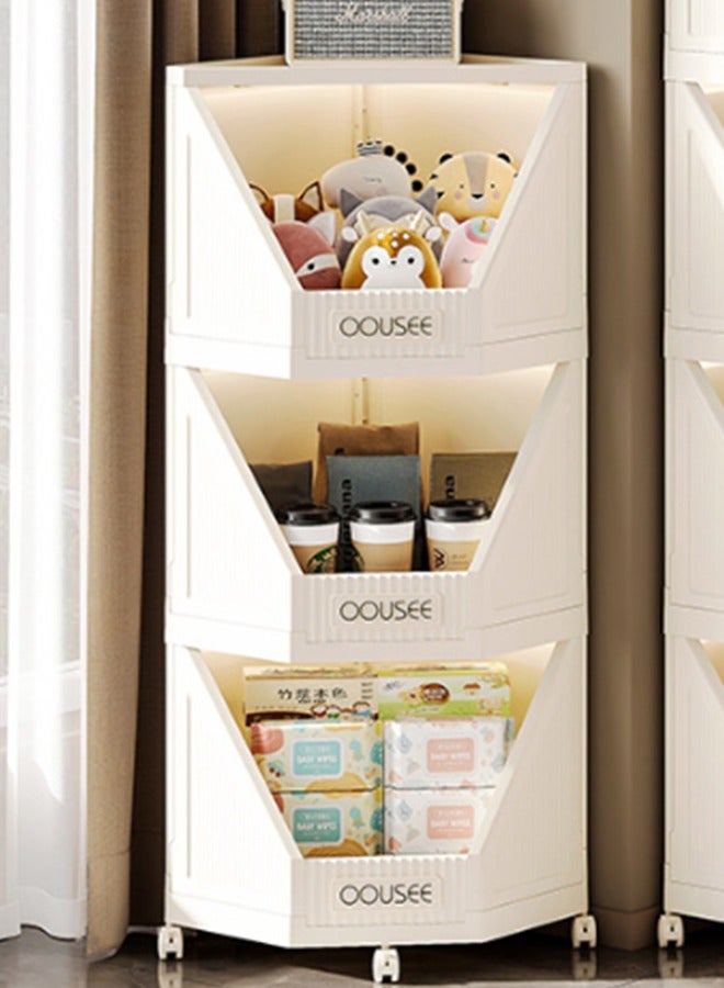 JCB CHIC حامل رف زاوية قابل للطي من 3 طبقات، حامل رف زاوية قابل للطي، رف تخزين زاوية صناديق تخزين بلاستيكية قابلة للتكديس مع عجلات، رف عرض زاوية متعدد الأغراض لغرفة المعيشة، غرفة النوم، الحمام - Image 1